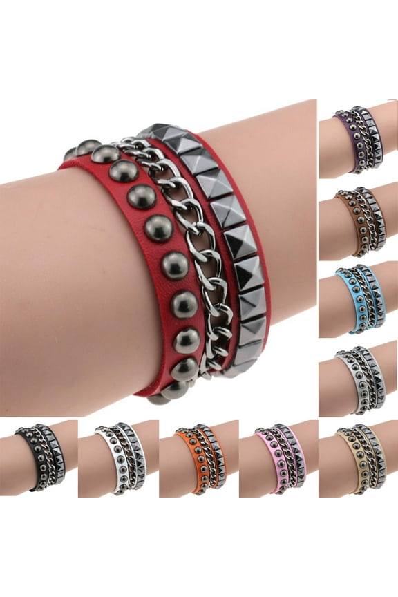 Women's Layered Punk Rock Rivet Bracelet Studded Faux Leather Metal Chain Bangle Dark Coffee