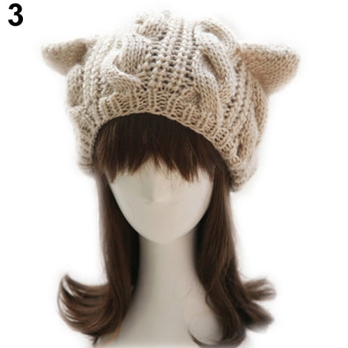 Anvazise Women's Winter Knit Crochet Braided Cat Ears Beret Beanie Ski Knitted Hat Cap