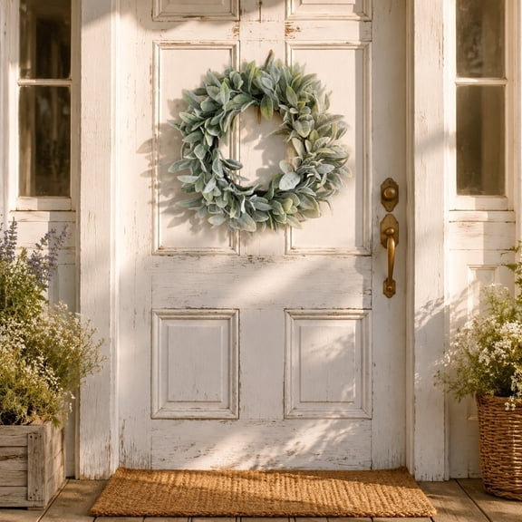 Anvora 18 Inch Artificial Lambs Ear Wreath for Front Door, Green Faux Eucalyptus Leaf Wreath with Fluff Rabbit Ear Leaves for Farmhouse Porch,Wall and Home Indoor Outdoor Decorations