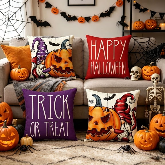 Anvora 18x18 Inch Halloween Gnome Pumpkin Throw Pillow Cover, Jack-O'-Lantern Bat Spider Print Cushion Case for Spooky Halloween Farmhouse Sofa Couch and Living Room Decor