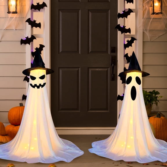 Anvora 4.7 FT Remote Control Light Up Standing Witch Hat Ghost Halloween Decor, Spooky Jack O Face Ghost Ornament for Front Porch Lawn, Yard Garden Indoor Outdoor Halloween Party Supplies