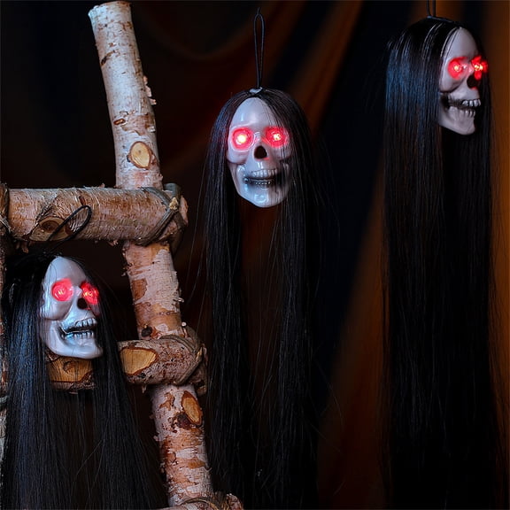 Anvora Halloween Hanging Skeleton Skull Ghost Decorations- 20" Led Light Up Red Eyes Hanging Grim Reapers with Hair for Halloween Front Porch Tree, Yard Garden Indoor Outdoor Halloween Party Supplies