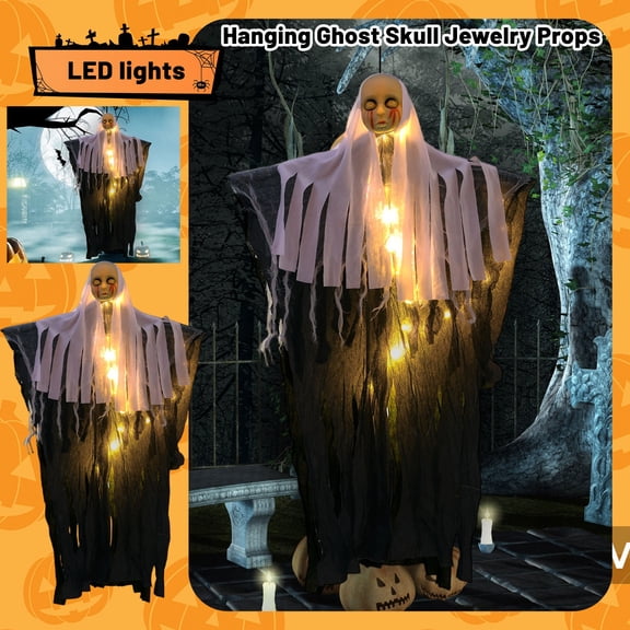Anvora Halloween LED Light Up Hanging Ghost Decor 35.5",Tattered Black Cloth White Shroud Spooky Hanging Specter Ornament for Front Porch Tree, Yard Garden Indoor Outdoor Halloween Party Supplies