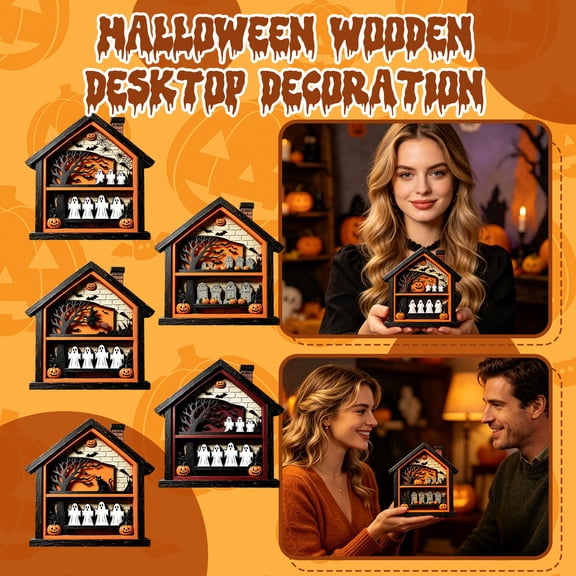 Anvora Halloween Wooden Haunted House Shelf Ornament 6 Inch, Graveyard Bat Pumpkin & Bats Tiered Display, Spooky Wooden Halloween Tabletop Mantel and Halloween Party Display Decor