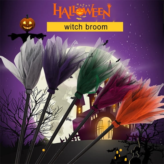 Anvora Hot Pink Halloween Witch Broom 35 Inch，Tulle Witch Broom Halloween Decor, Kids Pretend Play Witch Prop for Indoor Outdoor Party Home Holiday Supplies