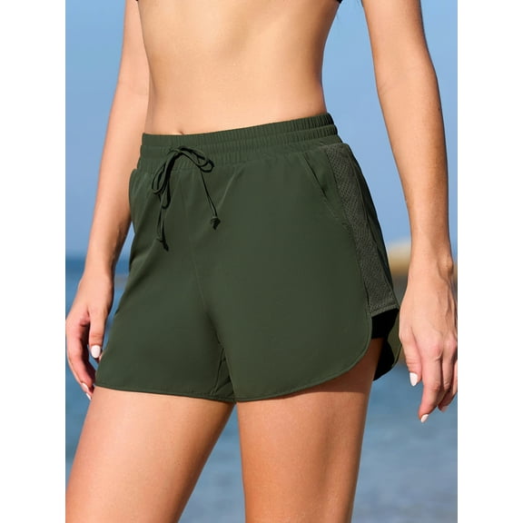 Anwell Drawstring Waisted Swim Shorts for womens Mesh Side Split Swimsuit Bottoms with Pockets
