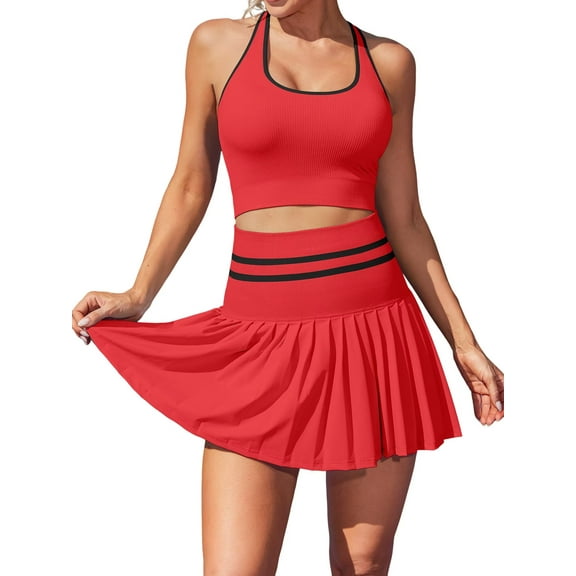 Anwell Ribbed Two Piece Tennis Sets Racerback Tops Pleated Skirts Athletic Golf Sets