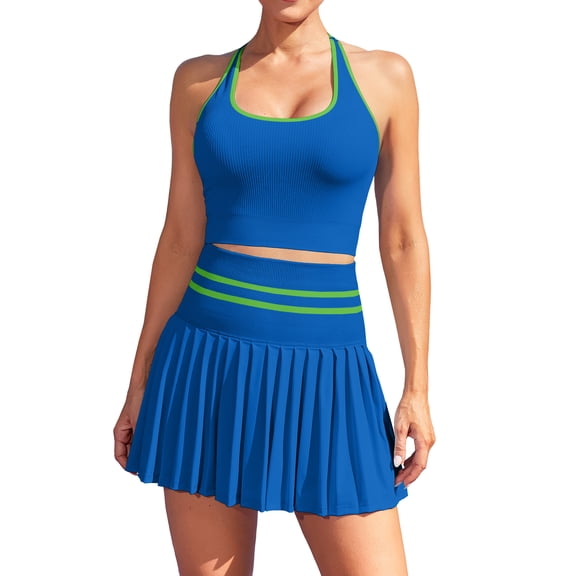 Anwell Ribbed Two Piece Tennis Sets Racerback Tops Pleated Skirts Athletic Golf Sets