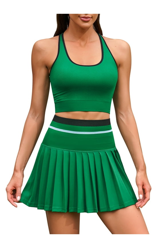 Ribbed Two Piece Tennis Sets Racerback Tops Pleated Skirts Athletic Golf Sets