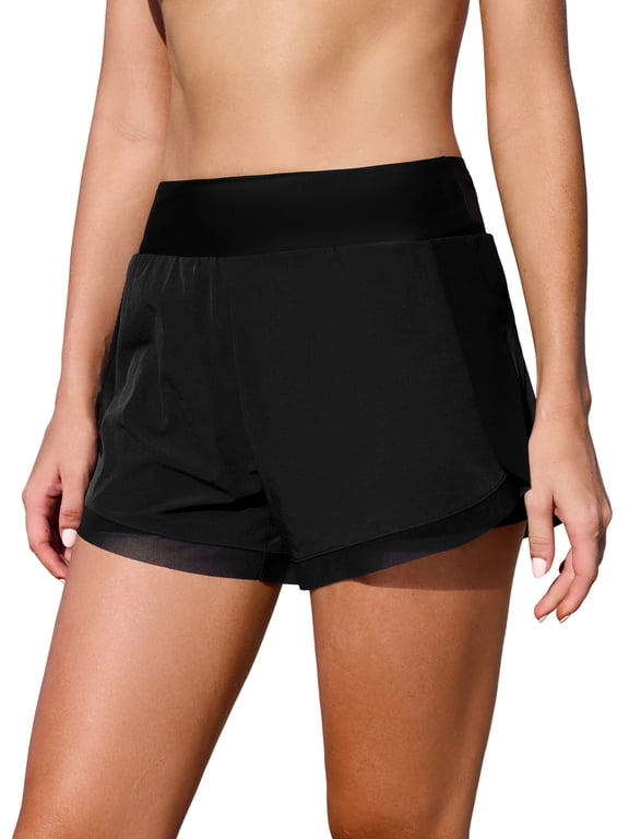 Side Split High Waisted Swim Shorts for Womens 2 in 1 Beach Shorts Quick Dry Swim Bottoms