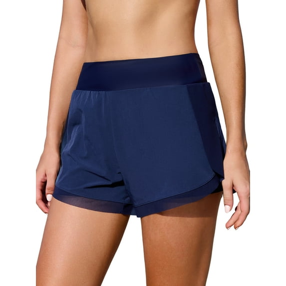 Anwell Side Split High Waisted Swim Shorts for Womens 2 in 1 Beach Shorts Quick Dry Swim Bottoms