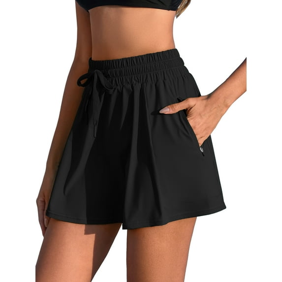 Anwell Womens 2 in 1 High Waisted Drawstring Swim Skirts Tummy Control Swim Bottoms with Pockets