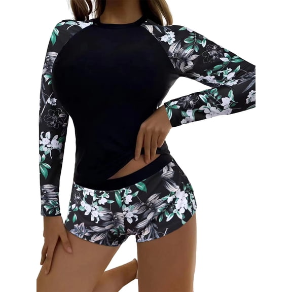 Anwell Womens Two Piece Swimsuit Long Sleeve Rash Guard & Boyleg Shorts