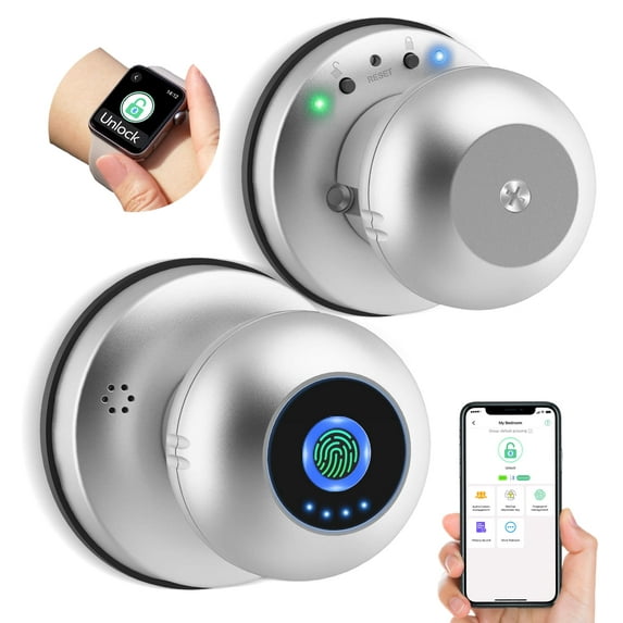 Anweller Smart Door Knob with Lock, Fingerprint Biometric Keyless Entry Electronic Digital Bluetooth App Control Door Lock for Bedroom Interior Apartment Garage Front Door - Silver