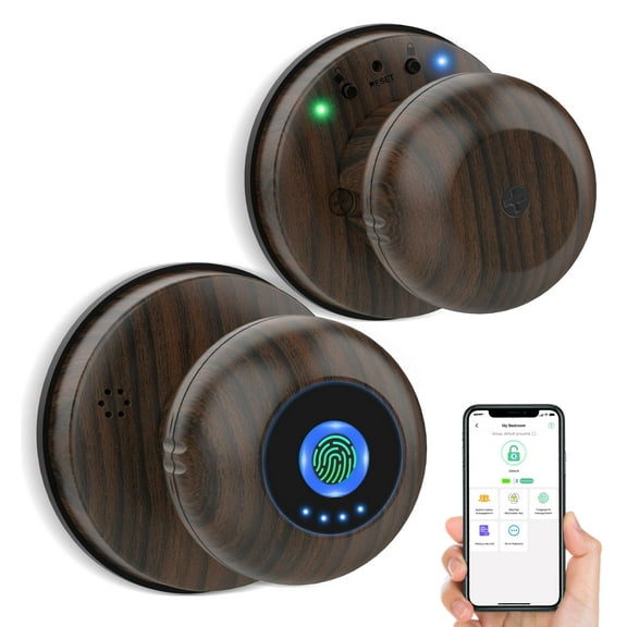 Anweller Smart Door Knob with Lock, Fingerprint Biometric Keyless Entry Electronic Digital Bluetooth App Control Door Lock for Bedroom Interior Apartment Hotel Garage Front Door - Wood