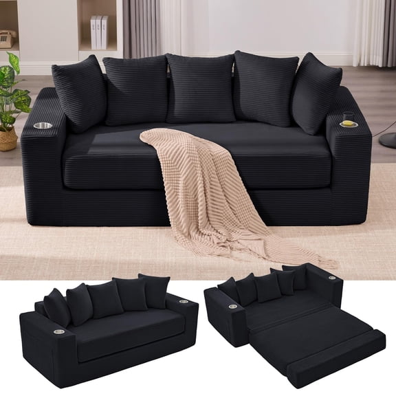 Anwick 2-in-1 Corduroy Convertible Sofa Bed, Frameless Double Sofa, Compact Packaging, Includes 5 Backrests, Fixed Frame, Side Pockets and Cup Holder, No Assembly Required (Black)