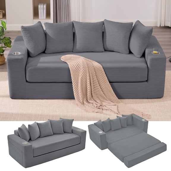 Anwick 2-in-1 Corduroy Convertible Sofa Bed, Frameless Double Sofa, Compact Packaging, Includes 5 Backrests, Fixed Frame, Side Pockets and Cup Holder, No Assembly Required (Grey)