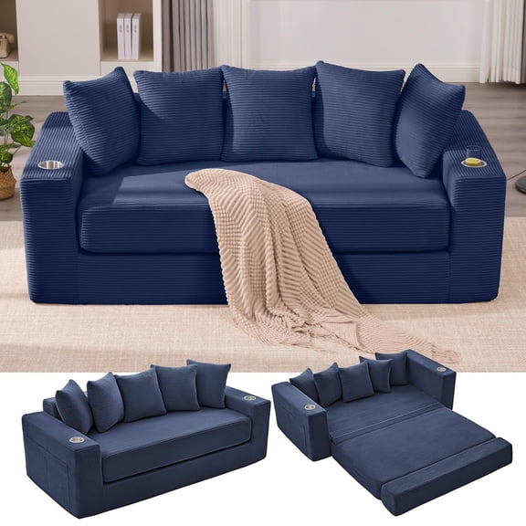 Anwick 2-in-1 Corduroy Convertible Sofa Bed, Frameless Double Sofa, Compact Packaging, Includes 5 Backrests, Fixed Frame, Side Pockets and Cup Holder, No Assembly Required (Blue)