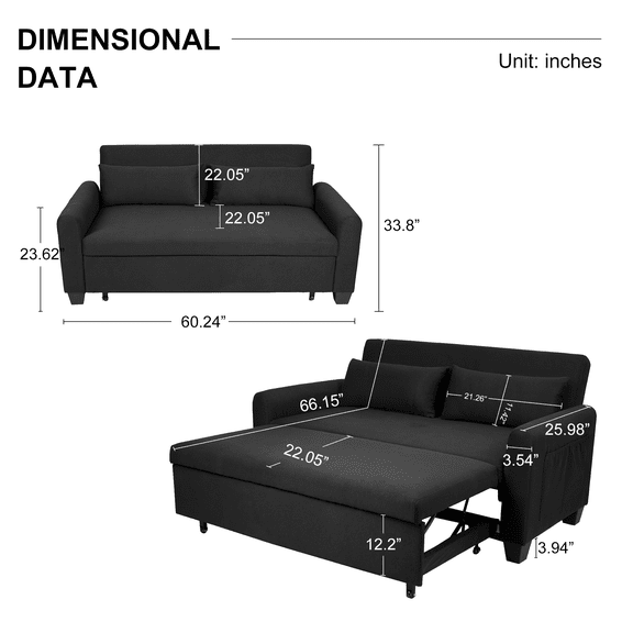 Anwick Extra-large 61-inch 2-in-1 fabric sofa bed, double sofa with storage bag, reinforced iron frame, adjustable backrest and cushions, suitable for bedrooms, living rooms and outdoor areas.