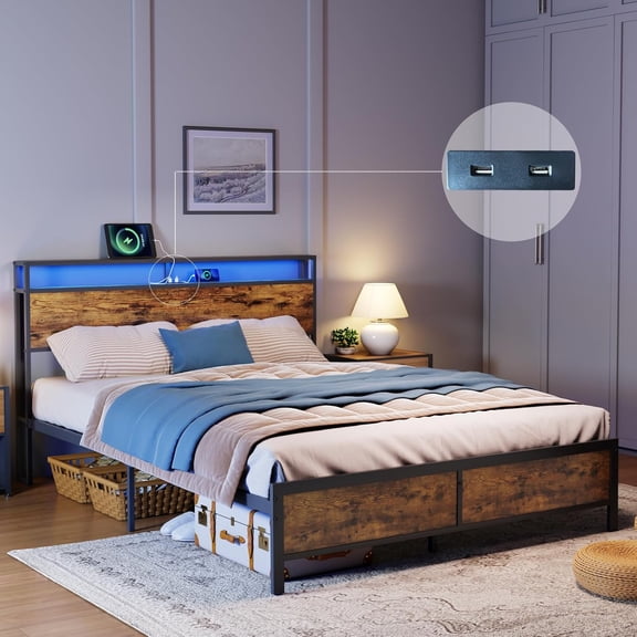 Anwick Industrial Full Bed Frame with LED Lights and 2 USB Ports, with 2-Tier Storage Headboard and Strong Support Legs, More Sturdy, Noise-Free, No Box Spring Needed (Rustic Brown, Full)