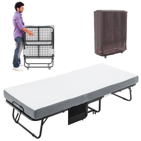 Anwick Single folding bed with memory foam mattress, portable adult folding bed, sturdy metal frame, space-saving folding design, suitable for guest room use.