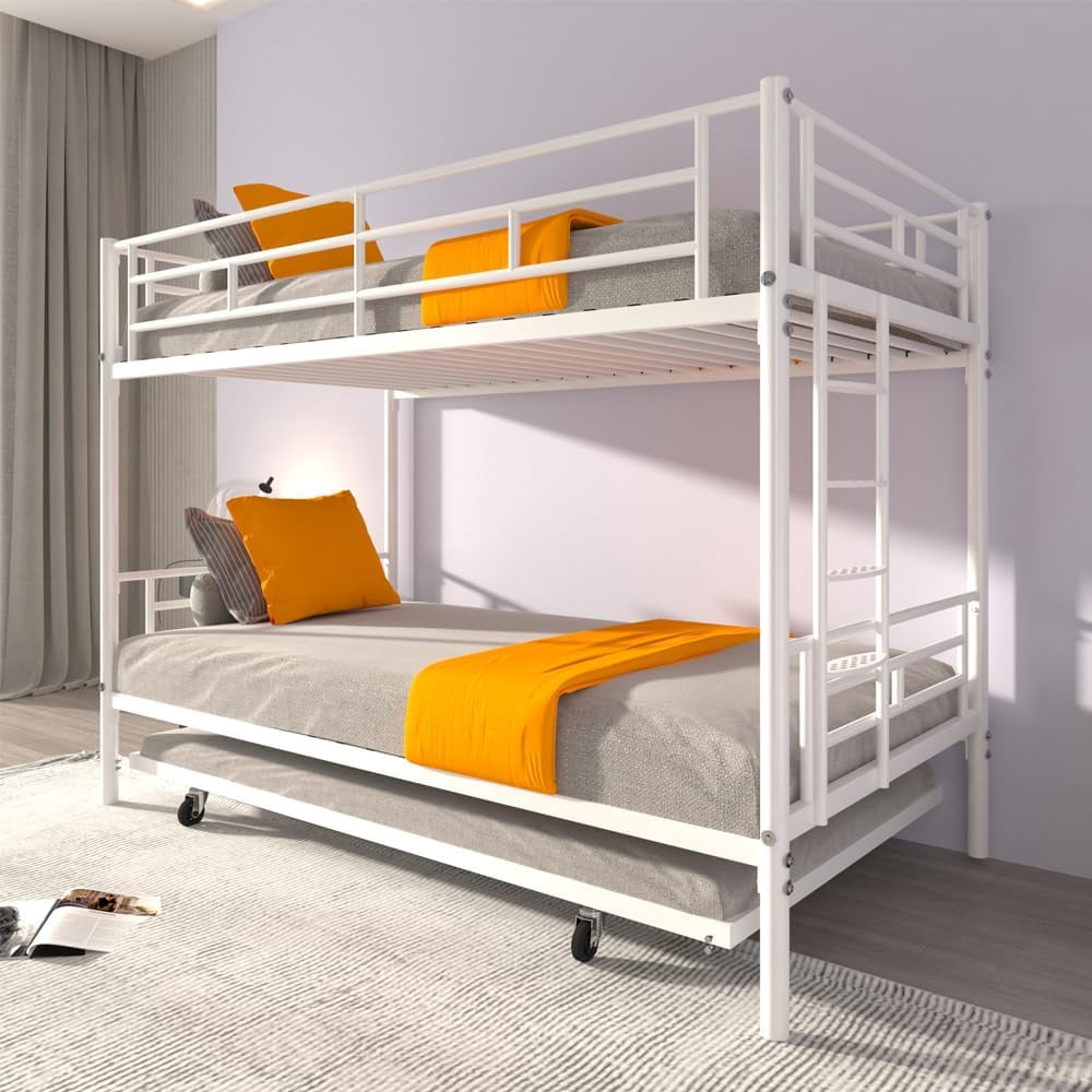 VINGLI Twin Over Twin Bunk Bed With Stairs - Metal Frame For Kids & Adults, White