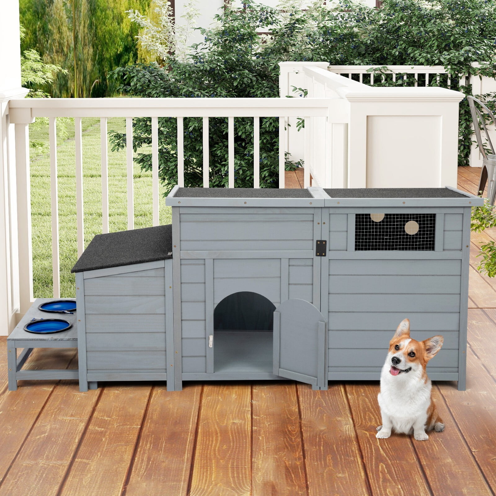 Anwickjeff Dog House Wooden Outdoor Dog Kennel with Food Bowls and an Open Roof