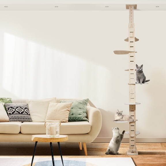 Anwickjeff Modern Adjustable Height Floor-To-Ceiling Cat Tree, Multi-Level Vertical Cat Condo For Multiple Cats, Natural Color.