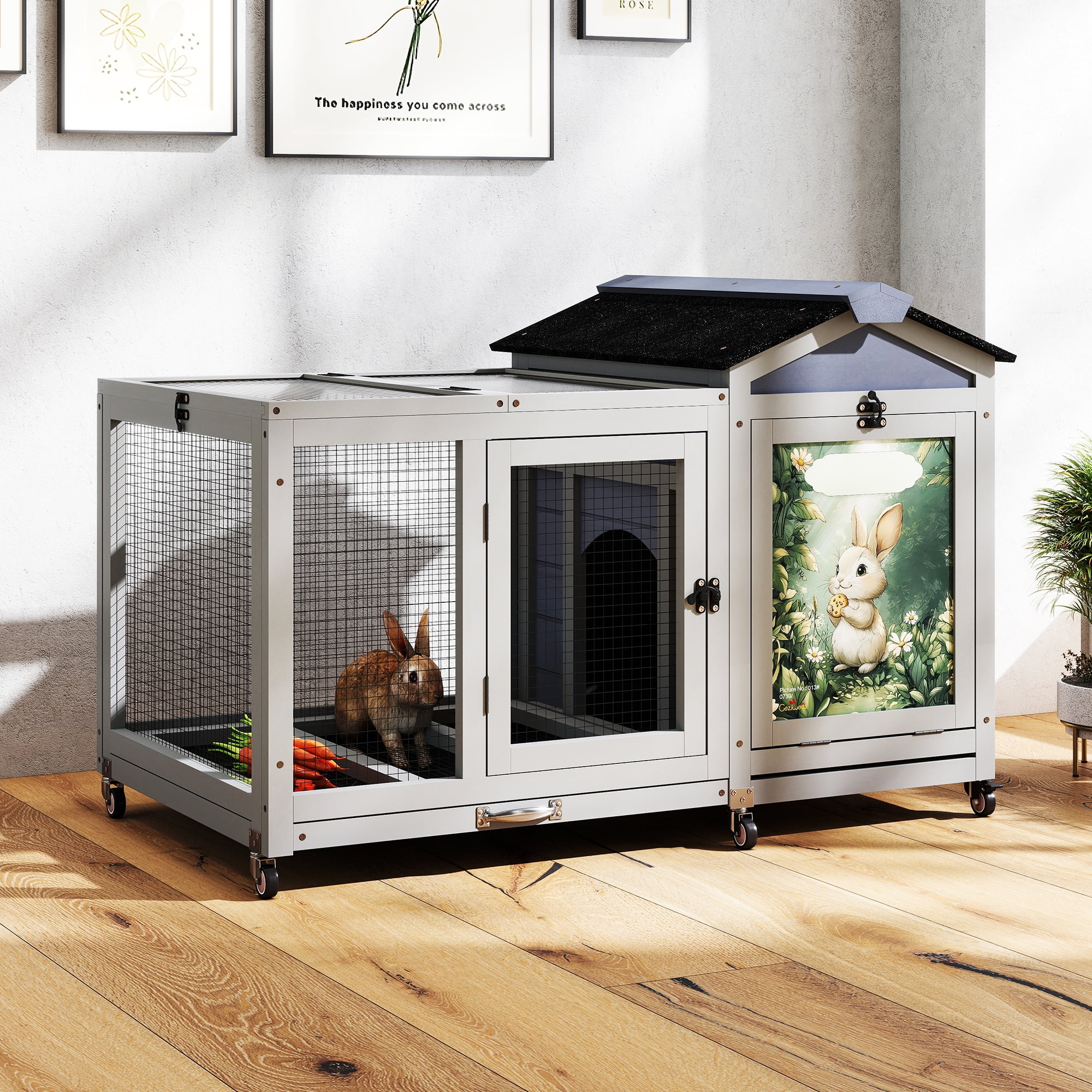 Anwickjeff Wooden Rabbit Hutch, Indoor & Outdoor Small Animal House with Casters, Weatherproof Roof, Removable Tray, Bunny Cage Pet House for Rabbits, Ducks, Squirrels, and Guinea Pigs
