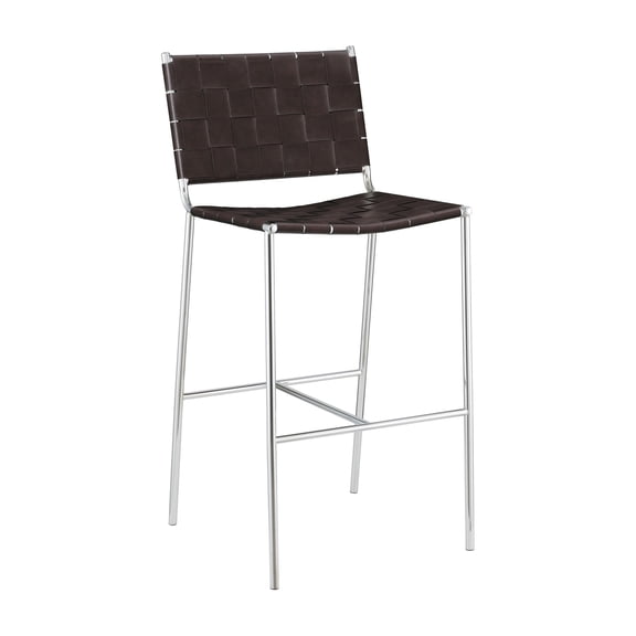 Anx 29 Inch Barstool Chrome Metal Legs Brown Faux Leather Band Weaving - Saltoro Sherpi