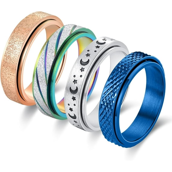 Anxiety Fidget Rings for Women Moon Star Titanium Steel Spinner Rings Stress Relief Rings for Anxiety Women 6mm 4Pcs Size 5-11
