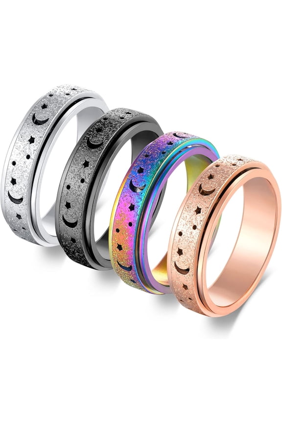 Anxiety Fidget Rings for Women Moon Star Titanium Steel Spinner Rings Stress Relief Rings for Anxiety Women 6mm 4Pcs Size 5-11