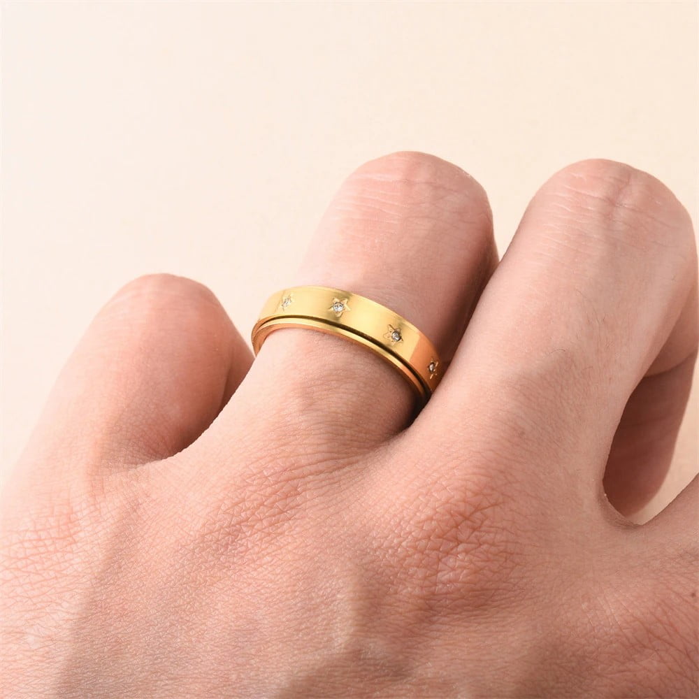 Anxiety Fidget Spinner Rings Korean 14K Yellow Gold Simple Zircon Star Rings for Women Men Anti Stress Jewelry