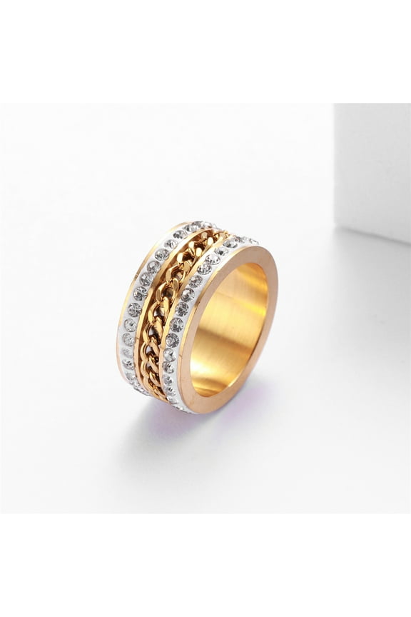Anxiety Fidget Spinner Rings for Men Women 14K Yellow Gold Iced Out Spinning Rotate Chain Ring Punk Anti Stress Jewelry