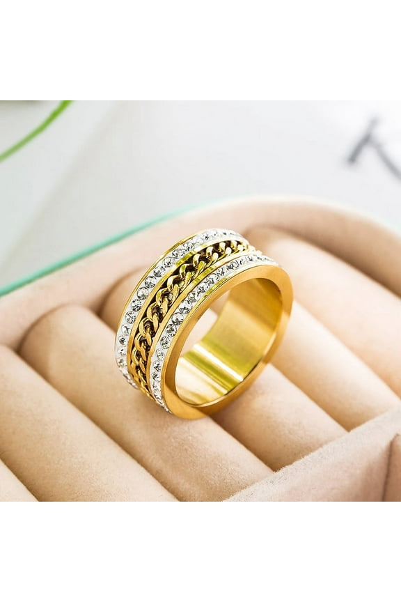 Anxiety Fidget Spinner Rings for Men Women 14K Yellow Gold Iced Out Spinning Rotate Chain Ring Punk Anti Stress Jewelry