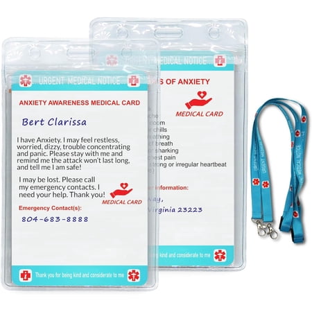 RAYCCI 2 Pcs Anxiety Medical Information Card with Writable Panel & Patterned Lanyard, Emergency Contact Card, Standard Size
