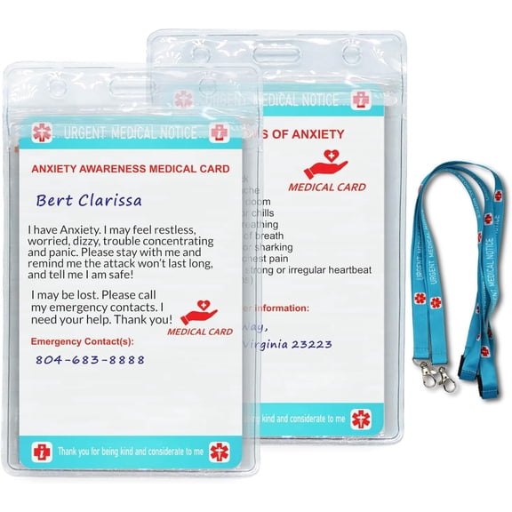RAYCCI   2 Pcs Anxiety Medical Information Card with Writable Panel & Patterned Lanyard, Emergency Contact Card, Standard Size
