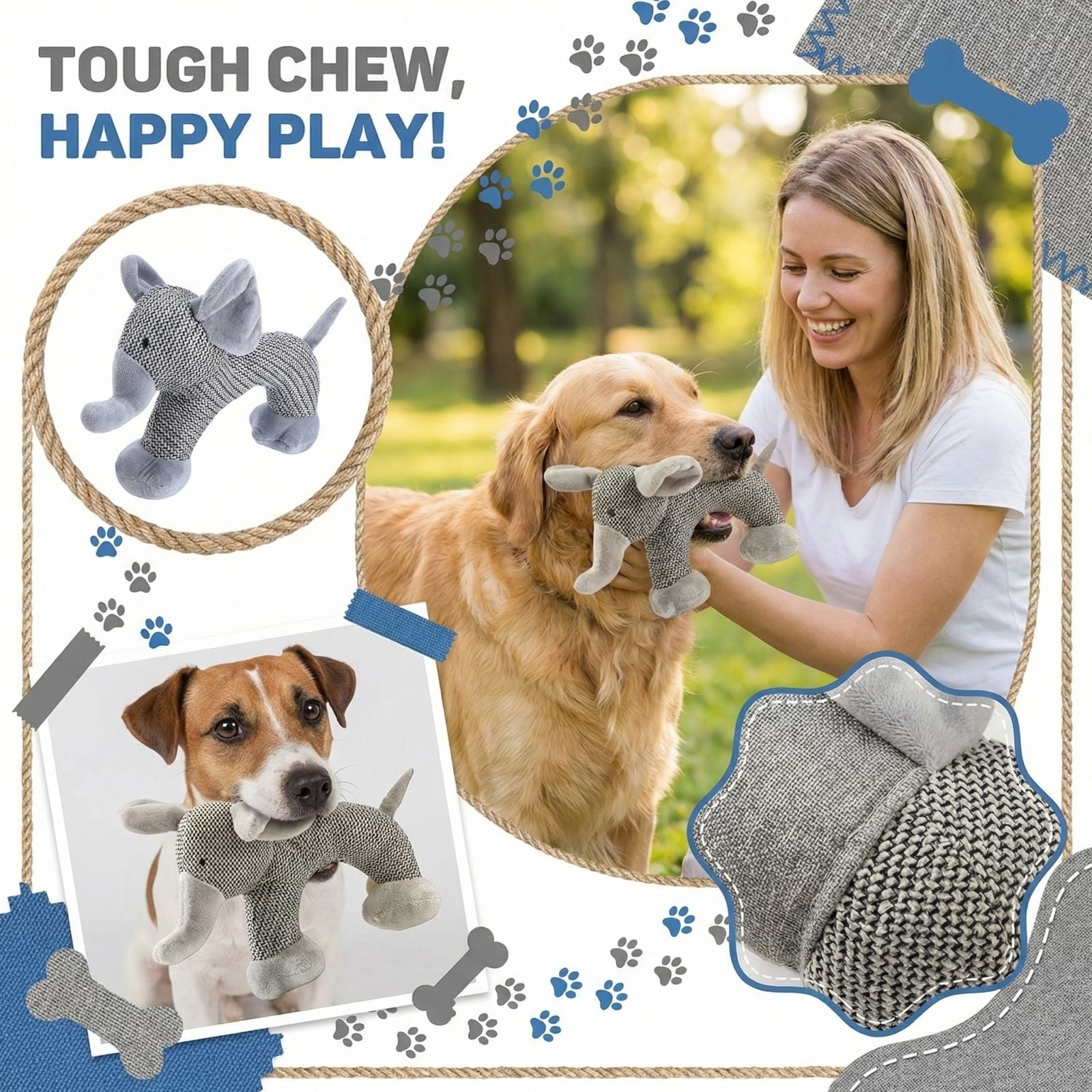 Anxiety Relief Dog Toy Squeaky Elephant Design Chew Resistant Linen