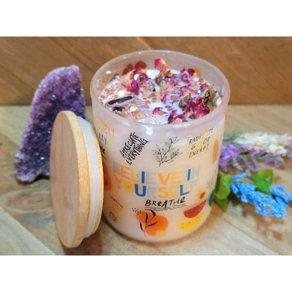 Anxiety Relief  Happiness Intention Candle packed with crystals, herbs