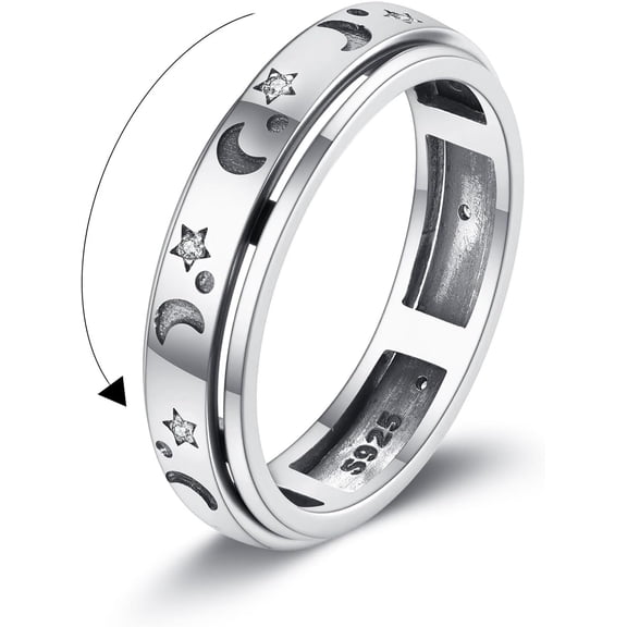 Anxiety Ring 925 Sterling Silver Moon Star Fidget Spinner Ring Women Moon Star Stress Anxiety Jewelry Gifts for Women-Size 7