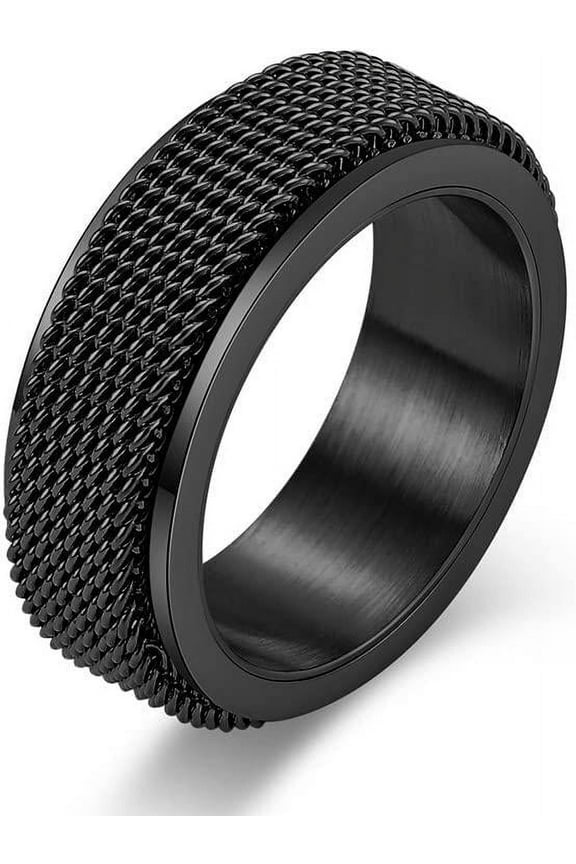 Anxiety Ring for Men Chain Woven Mesh Rings Cool Titanium Stainless Steel Spinner Ring 8MM Gold/Silver/Black Fidget Rings for Men Male Masculine Band Jewelry