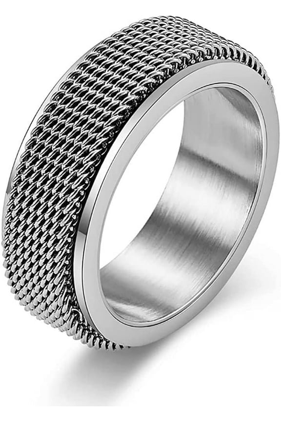 Anxiety Ring for Men Chain Woven Mesh Rings Cool Titanium Stainless Steel Spinner Ring 8MM Gold/Silver/Black Fidget Rings for Men Male Masculine Band Jewelry