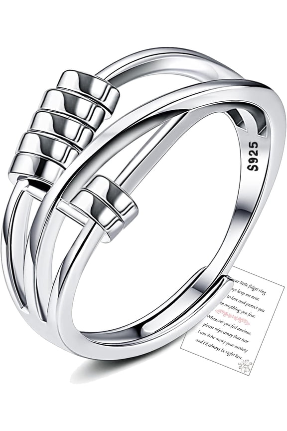 Anxiety Ring With Inspirational Card, Adjustable Fidget Rings For Anxiety Women Cubic Zirconia Spinner Ring For Stress Relief With Jewelry Box