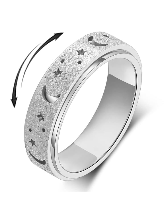 Anxiety Ring for Women Men, Anxiety Fidget Relief Spinner Rings Stainless Steel Worry Stress Relieve Ring Band Set for Anxiety Women Men,Anxiety Ring-Moon Star, Sandblasted Finished, Silver-Size10