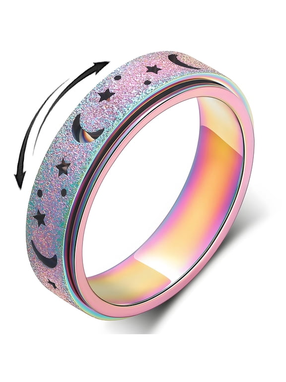 Anxiety Ring for Women Men, Anxiety Fidget Relief Spinner Rings Stainless Steel Worry Stress Relieve Ring Band Set for Anxiety Women Men,Anxiety Ring-Moon Star, Sandblasted Finished,Rainbow-Size6