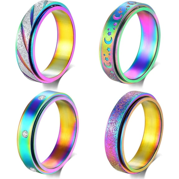 Anxiety Rings Fidget Rings for Women Spinner Rings 4Pcs 6MM Rainbow Titanium Steel Rings Size 5-11