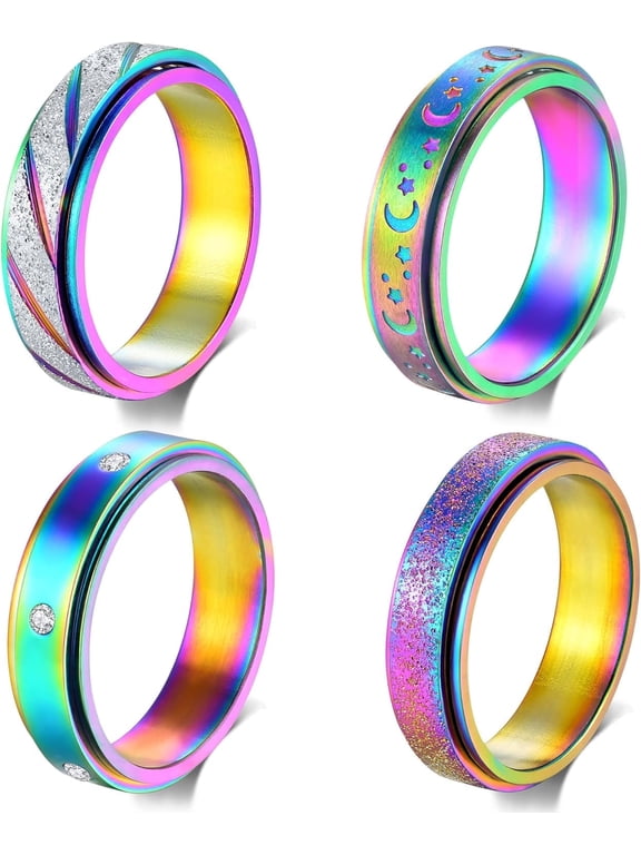 Anxiety Rings Fidget Rings for Women Spinner Rings 4Pcs 6MM Rainbow Titanium Steel Rings Size 5-11
