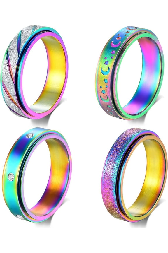 Anxiety Rings Fidget Rings for Women Spinner Rings 4Pcs 6MM Rainbow Titanium Steel Rings Size 5-11
