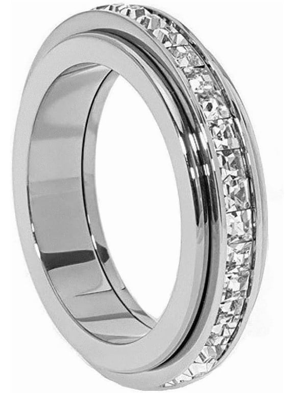 Anxiety Rings Titanium Steel Spinner Fidget Band Ring for Women Cubic Zirconia Relieving Anxiety Wedding Promise Lucky Statement Jewelry Comfort Fit Size 5 to 12