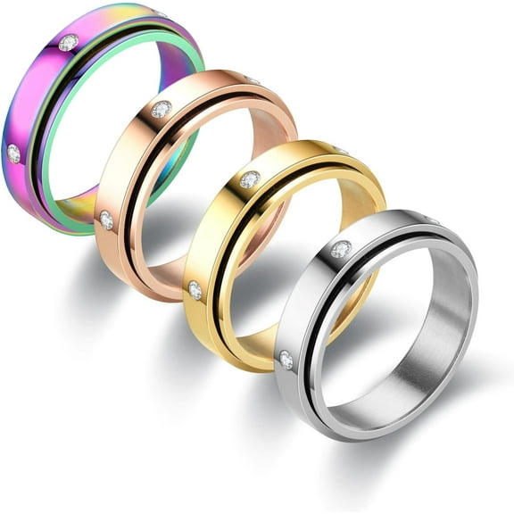 Anxiety Rings for Women - Stress Relief Spinner Rings, 4Pcs, 6MM Titanium Steel, Size 6-11